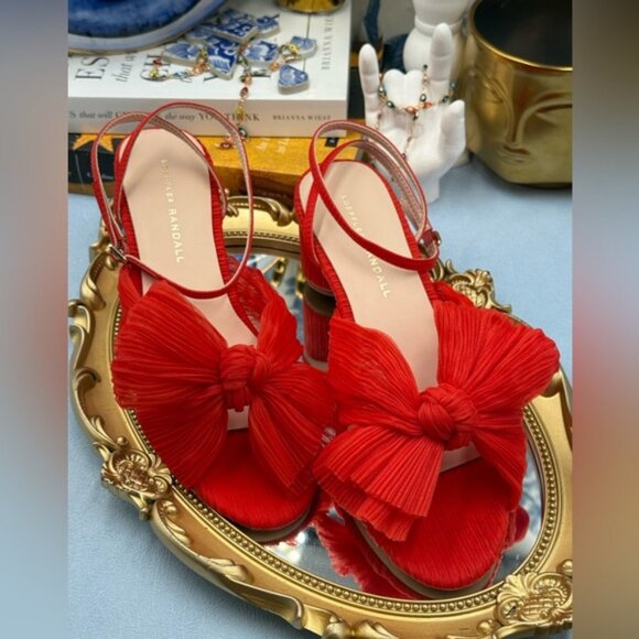 🆕 LOEFFLER RANDALL 🧿 NWOT Dahlia Candy Apple Red Pleated Organza Bow Heel Sz 7 - Picture 16 of 16